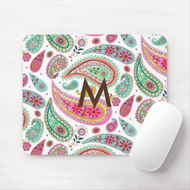 Mousepad Monograma de padrão feminino Boho Paisley Multicol (Com mouse)