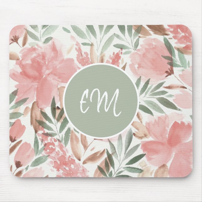 Mousepad Monograma de Padrão Floral de Aquarela (Frente)