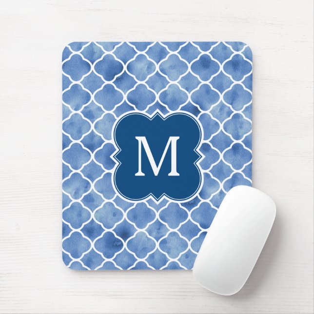 Mousepad Monograma de Padrão Geométrico de Cor Azul-marinho (Com mouse)