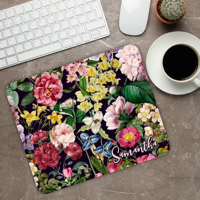 Mousepad Monograma de padrão negro floral, cor-de-rosa-vivo (Criador carregado)