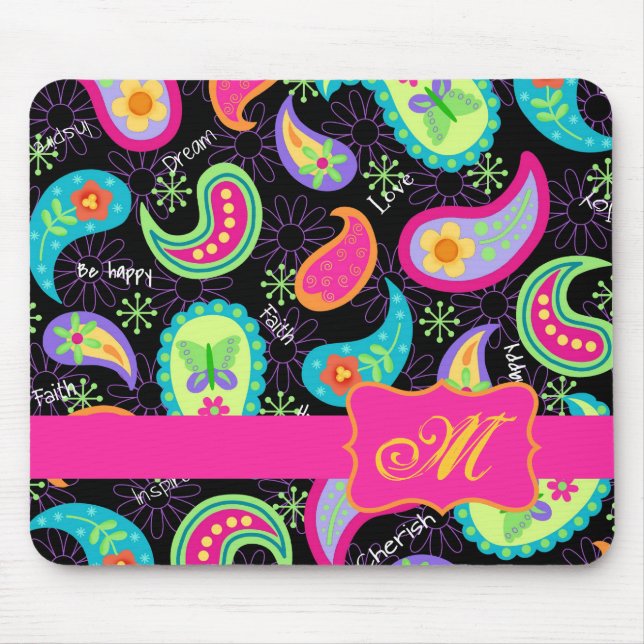 Mousepad Monograma de Paisley Moderno Rosa-Rosa-Rosa-Negro (Frente)