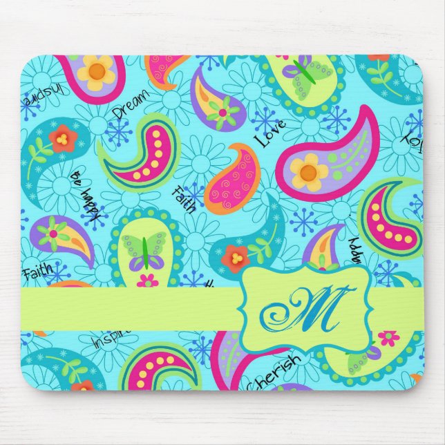 Mousepad Monograma de Paisley Verde Verde Turquesa Azul (Frente)