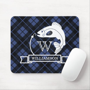 Mousepad Monograma de Peixe Xadrez Azul e Gancho