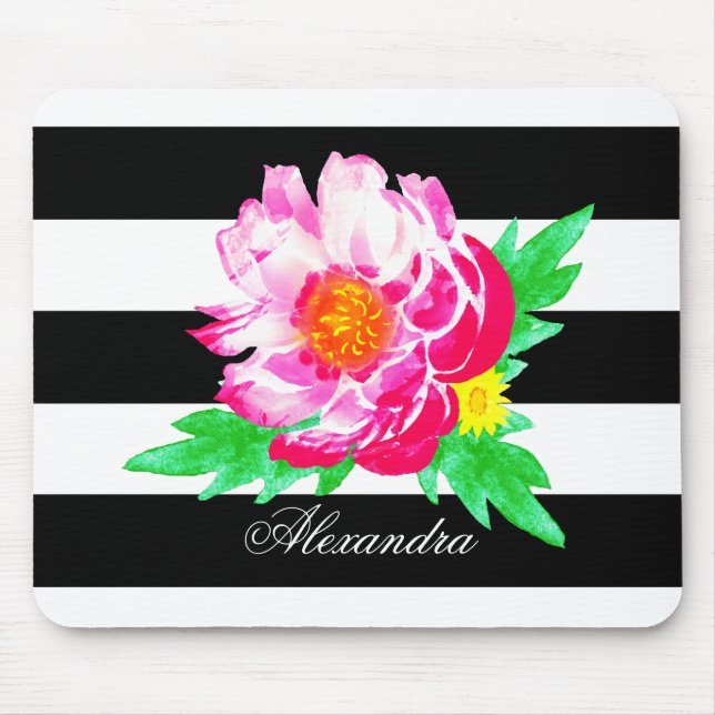 Mousepad Monograma de Pêmona Rosa em Prato Preto/Branco (Frente)
