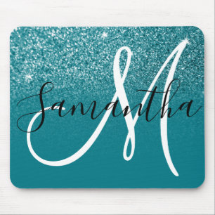 Mousepad Monograma de Poupança de Ombre de Teal Glitter