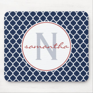 Mousepad Monograma de Quatrefoil dos azuis marinhos e do