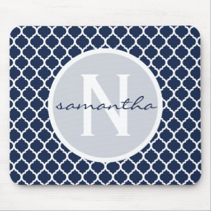 Mousepad Monograma de Quatrefoil dos azuis marinhos e do