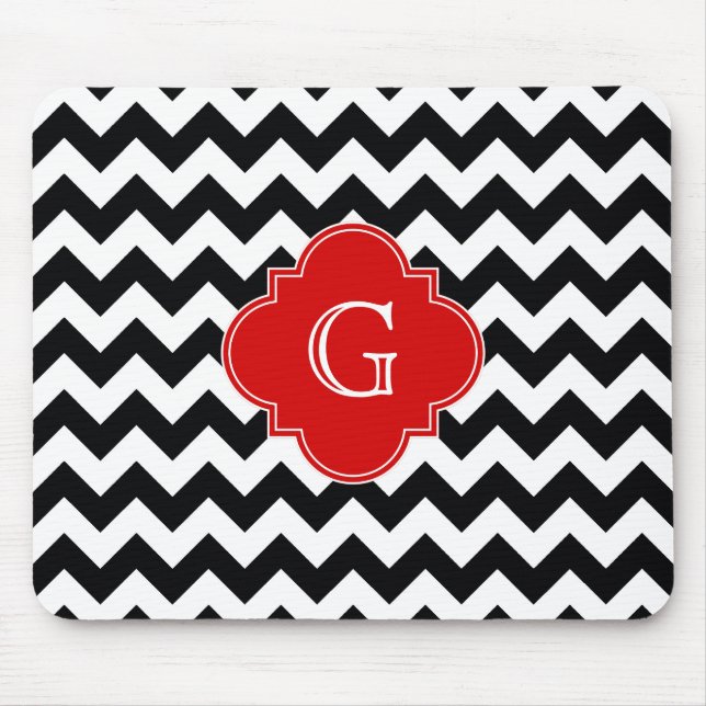 Mousepad Monograma de Quatrefoil Vermelho Branco Preto (Frente)