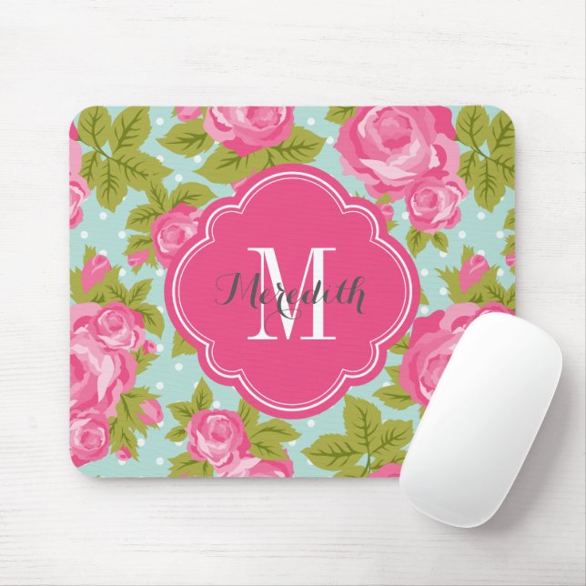 Mousepad Monograma de Rosas de pintura rosa e mint (Com mouse)