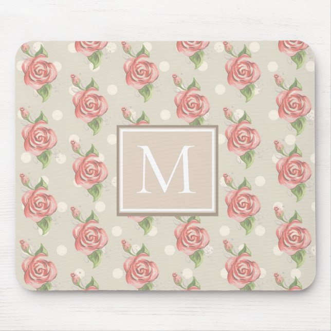 Mousepad Monograma de Rosas e Pontos Rosa bonito (Frente)