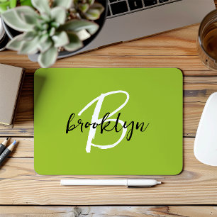 Mousepad Monograma de Script Branco Preto do Verde limão de