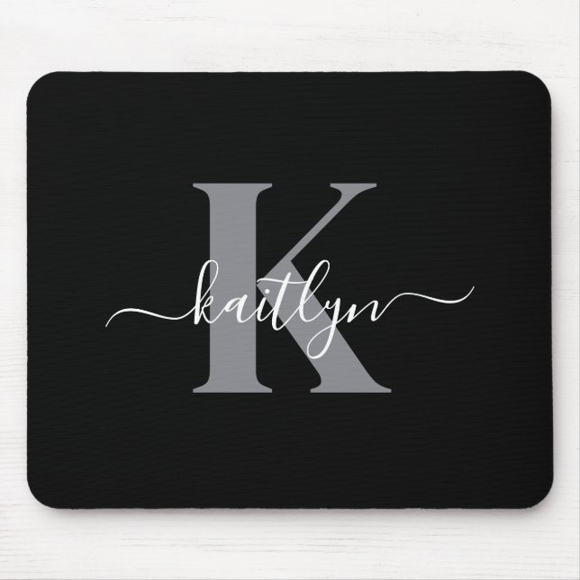 Mousepad Monograma de Script de Cinza Negra Moderna (Frente)