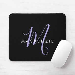 Mousepad Monograma de Script de Lavanda Negra Moderno Elega
