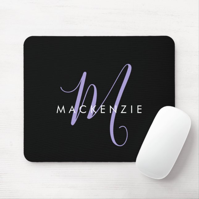 Mousepad Monograma de Script de Lavanda Negra Moderno Elega (Com mouse)