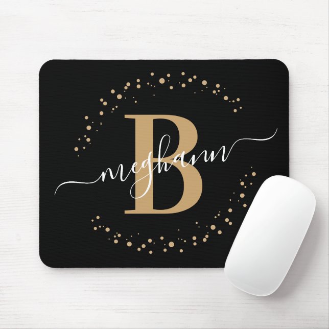Mousepad Monograma de Script de Nome Dourado Negra Menino M (Com mouse)