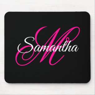 Mousepad Monograma de Script de Rico Branco Preto e Rosa Qu