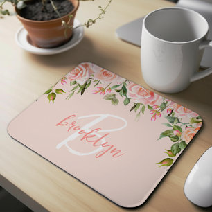 Mousepad Monograma de Script de Rosas Florais Cor-de-Rosa E