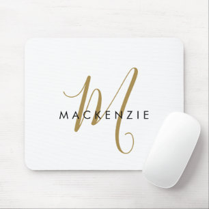 Mousepad Monograma de Script Dourado Branco Moderno Elegant