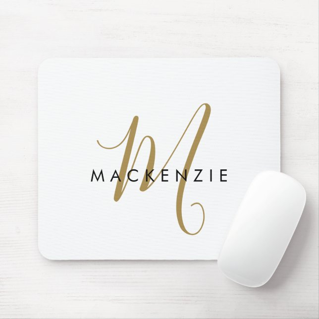 Mousepad Monograma de Script Dourado Branco Moderno Elegant (Com mouse)
