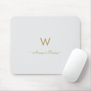 Mousepad Monograma de Script Dourado de Cinza Moderna