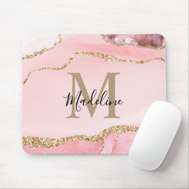 Mousepad Monograma de Script Dourado de Geodo de Agato Rosa