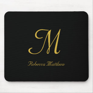 Mousepad Monograma de Script Dourado e Preto Elegante