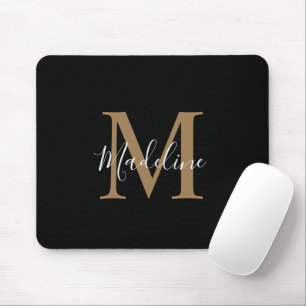Mousepad Monograma de Script Dourado e Preto Moderno