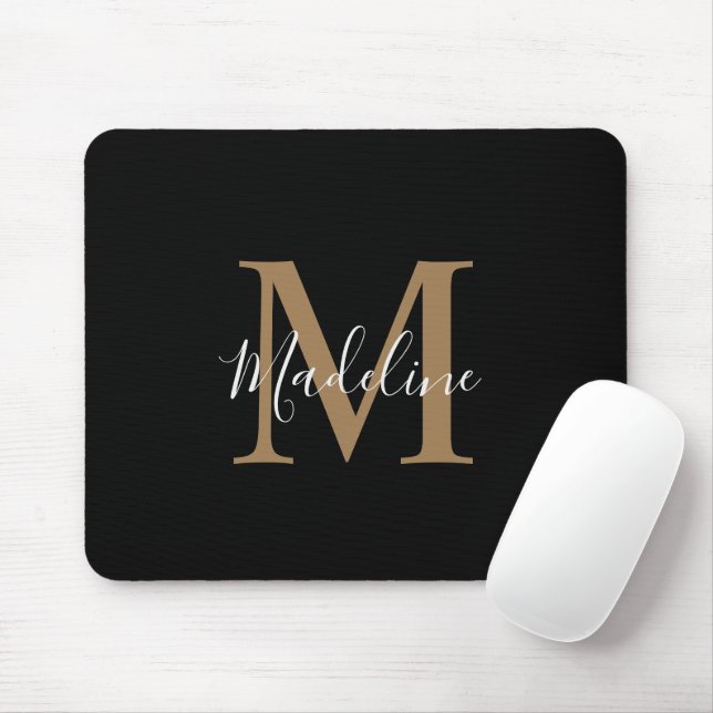 Mousepad Monograma de Script Dourado e Preto Moderno (Com mouse)