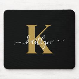Mousepad Monograma de Script Dourado Preto Elegante