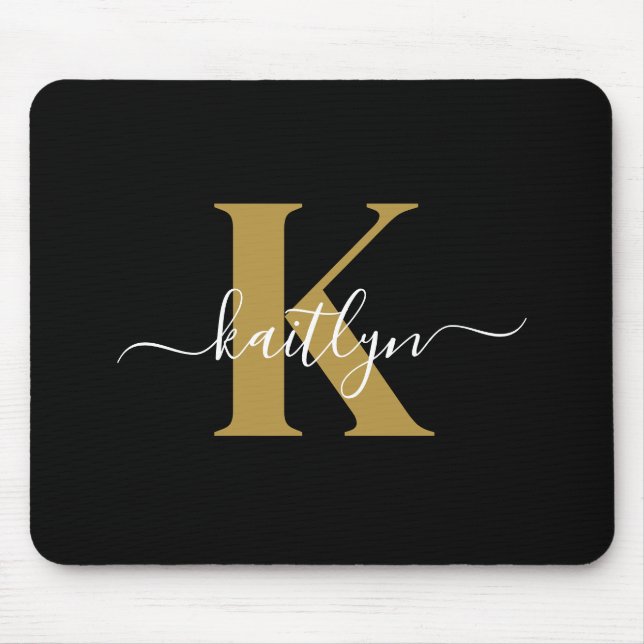 Mousepad Monograma de Script Dourado Preto Elegante (Frente)