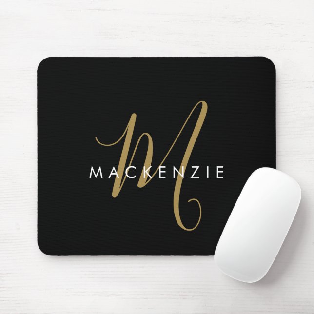 Mousepad Monograma de Script Dourado Preto Moderno Elegante (Com mouse)