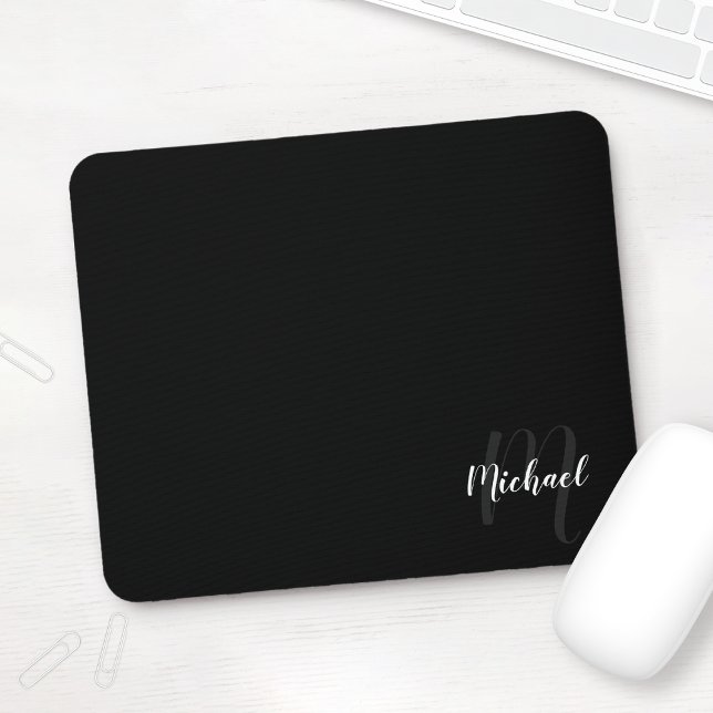 Mousepad Monograma de Script Personalizado e Nome Preto (Criador carregado)