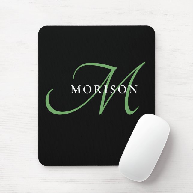 Mousepad Monograma de Script Verde Preto Moderno Elegante (Com mouse)