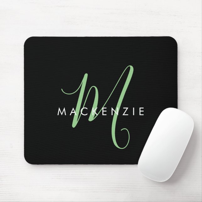 Mousepad Monograma de Script Verde Preto Moderno Elegante (Com mouse)