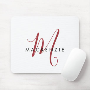Mousepad Monograma de Script Vermelho Branco Moderno Elegan