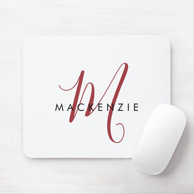 Mousepad Monograma de Script Vermelho Branco Moderno Elegan (Com mouse)