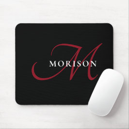Mousepad Monograma de Script Vermelho Preto Moderno Elegant