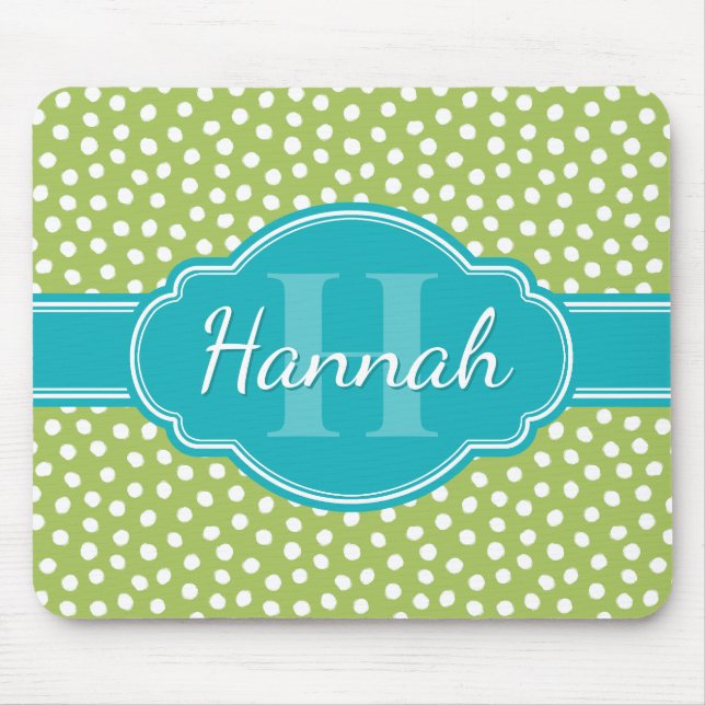 Mousepad Monograma de Teal de Padrão Branco Verde Pontilhad (Frente)