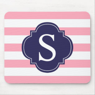 Mousepad Monograma de tiras azuis cor-de-rosa