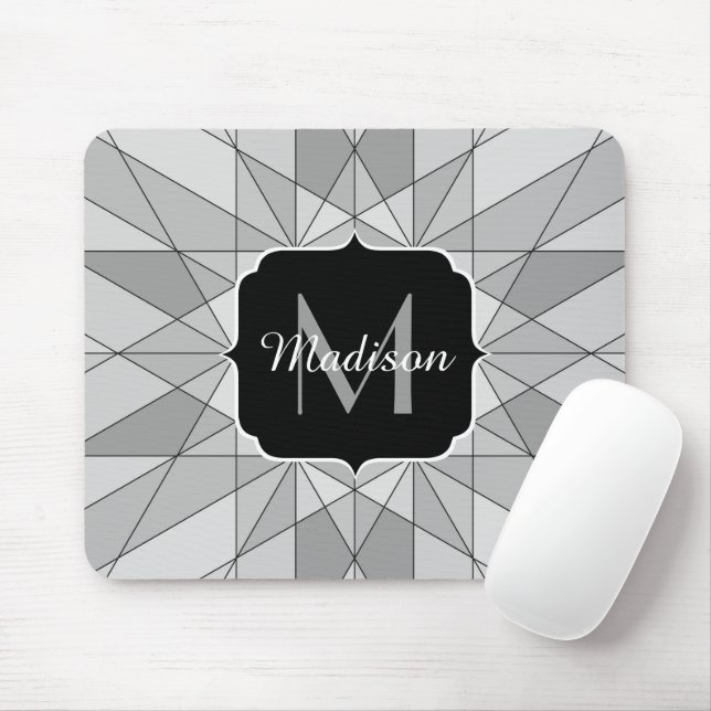 Mousepad Monograma de triângulo mosaico cinza preto e branc (Com mouse)