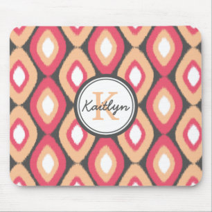 Mousepad Monograma Diamantes Ikat Cinza Rosa Padrão