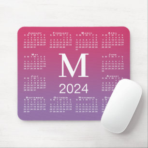 Mousepad Monograma do Calendário 2024 no Gradiente Rosa a R