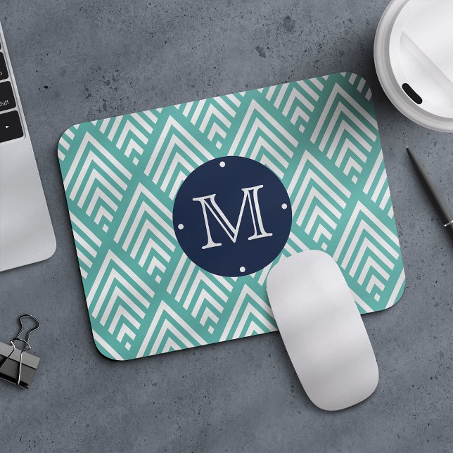 Mousepad Monograma do diamond Chevron de Aqua e Marinho (Criador carregado)