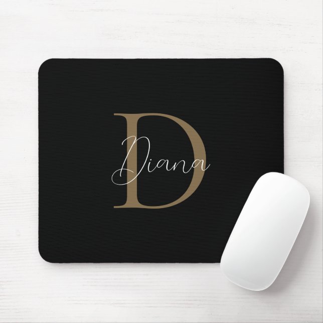 Mousepad Monograma do Dourado Script Míssy Black Midnight E (Com mouse)