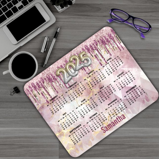 Mousepad Monograma do glitter de ouro rosa-chic 2025 (Criador carregado)