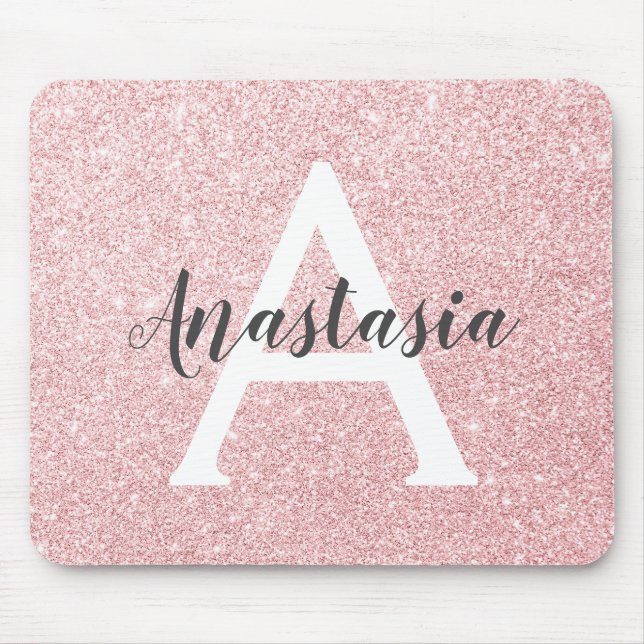 Mousepad Monograma do Glitter Dourado com Rosa de Chic e Tr (Frente)