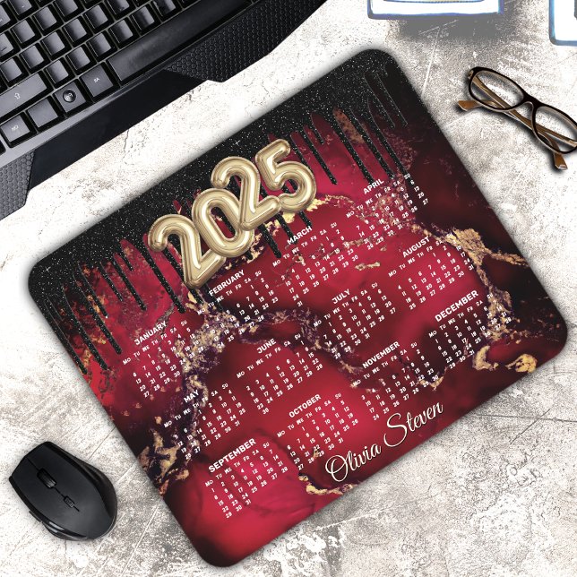 Mousepad Monograma do glitter preto vermelho-chic 2025 (Criador carregado)