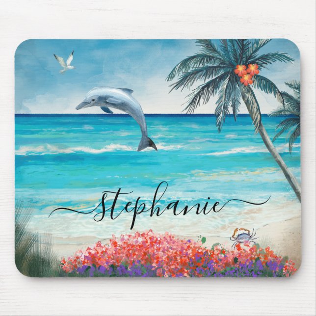 Mousepad Monograma do Golfinho de Paisagem em Água na Praia (Frente)