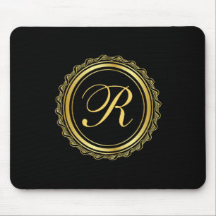 Mousepad Monograma do Medalhão Elegante Dourado e Negro