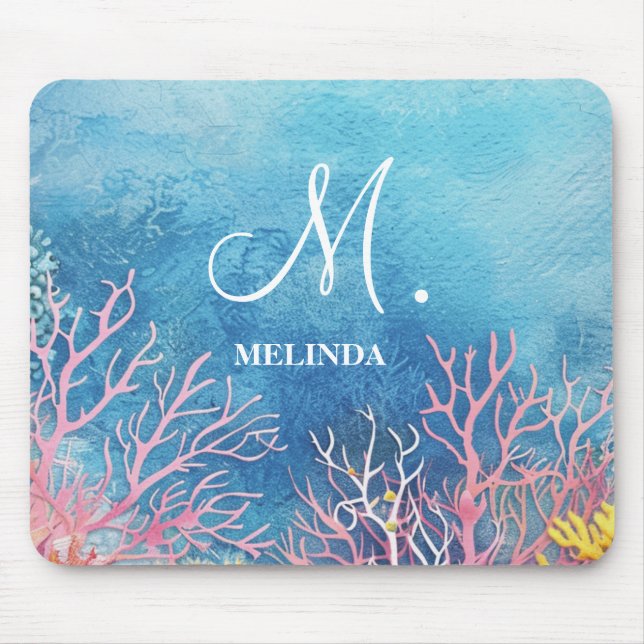 Mousepad Monograma do Motif do Mar Azul Moderno (Frente)